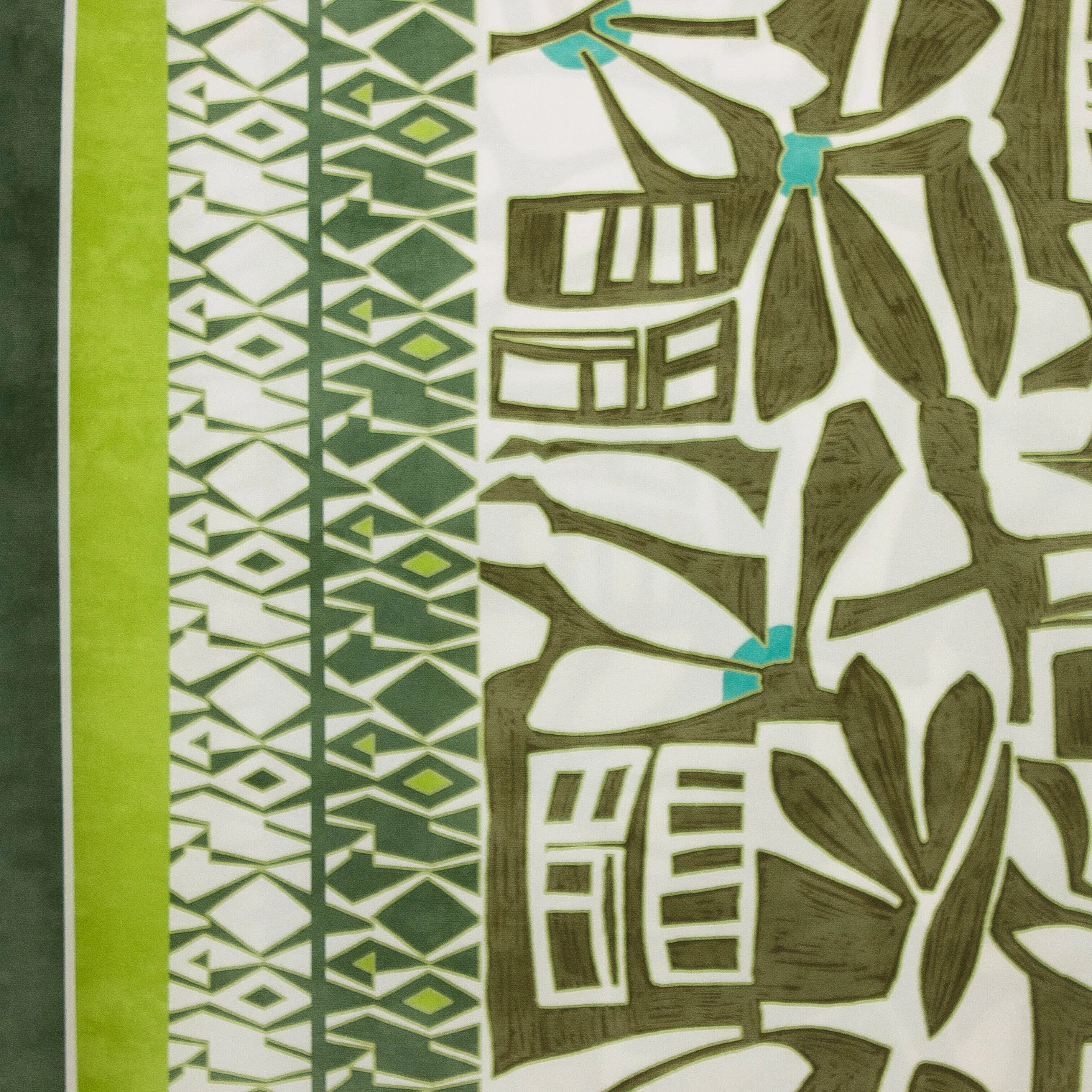 Polyester tricot wit met abstracte figuren in groen en turquoise
